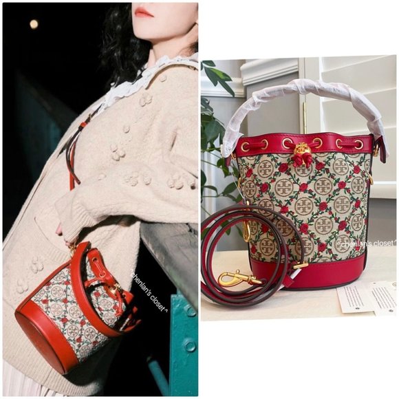 🔥NeW! $498 Tory Burch T Monogram Mini Embroidered Bucket Bag 87062 - Picture 3 of 15